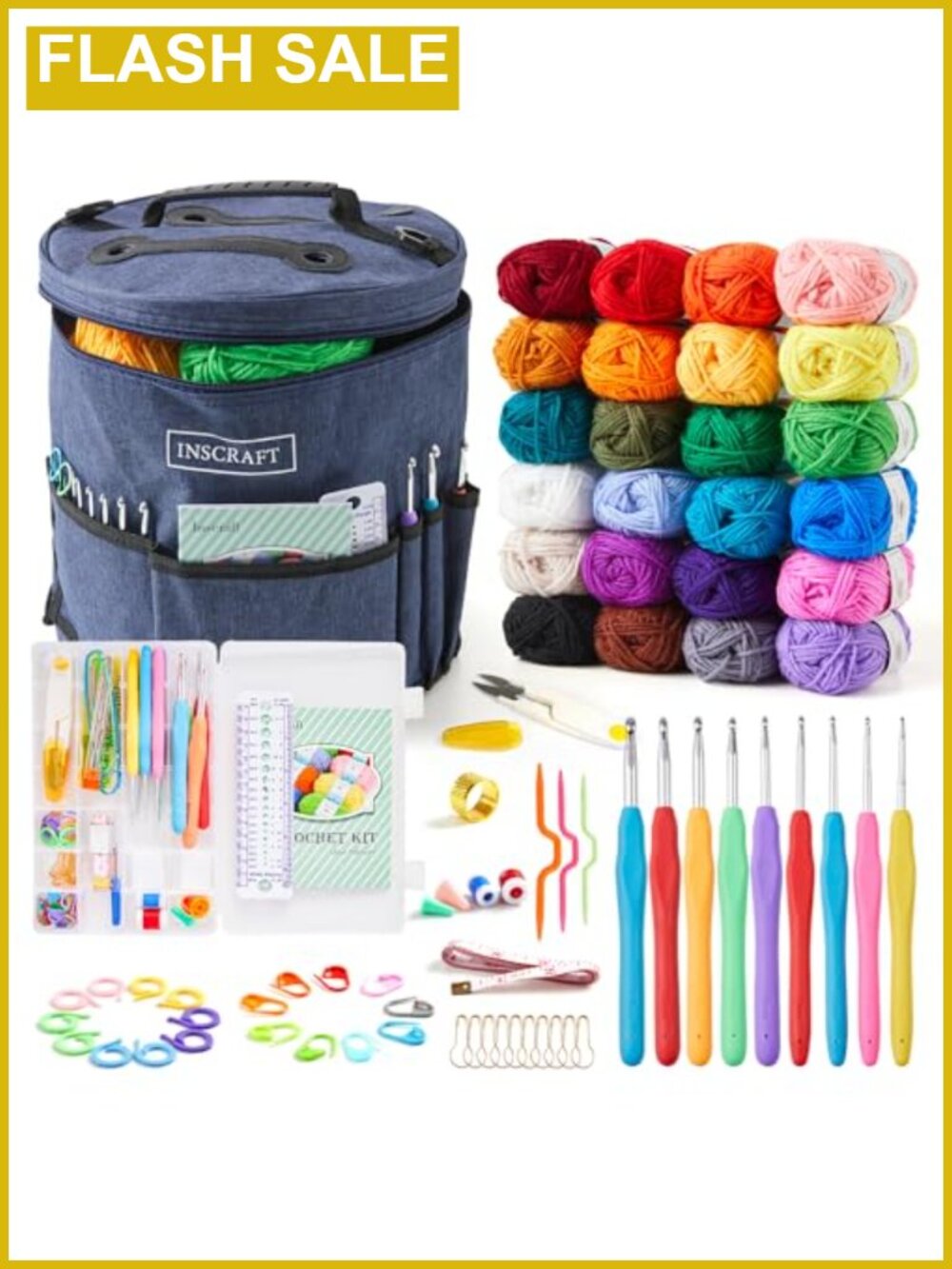 Crochet Kit for Beginners 73 Pc Set with 24 Yarn Skeins Hooks & Bag